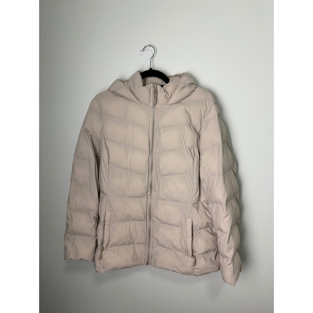 32 Degrees Heat Womens Beige Hooded Puffer Jacket Quilted Full Zip Coat Large